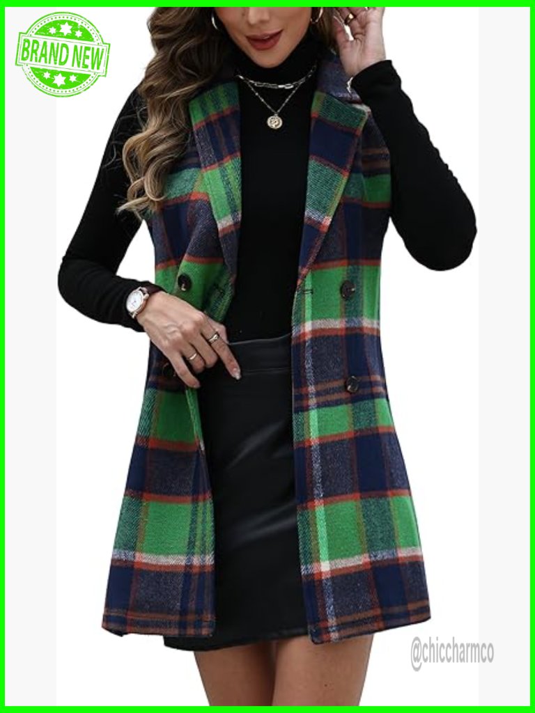 Tweed Plaid Long Vest Lapel Slim Fit Sleeveless Flannel Blazer With Pockets